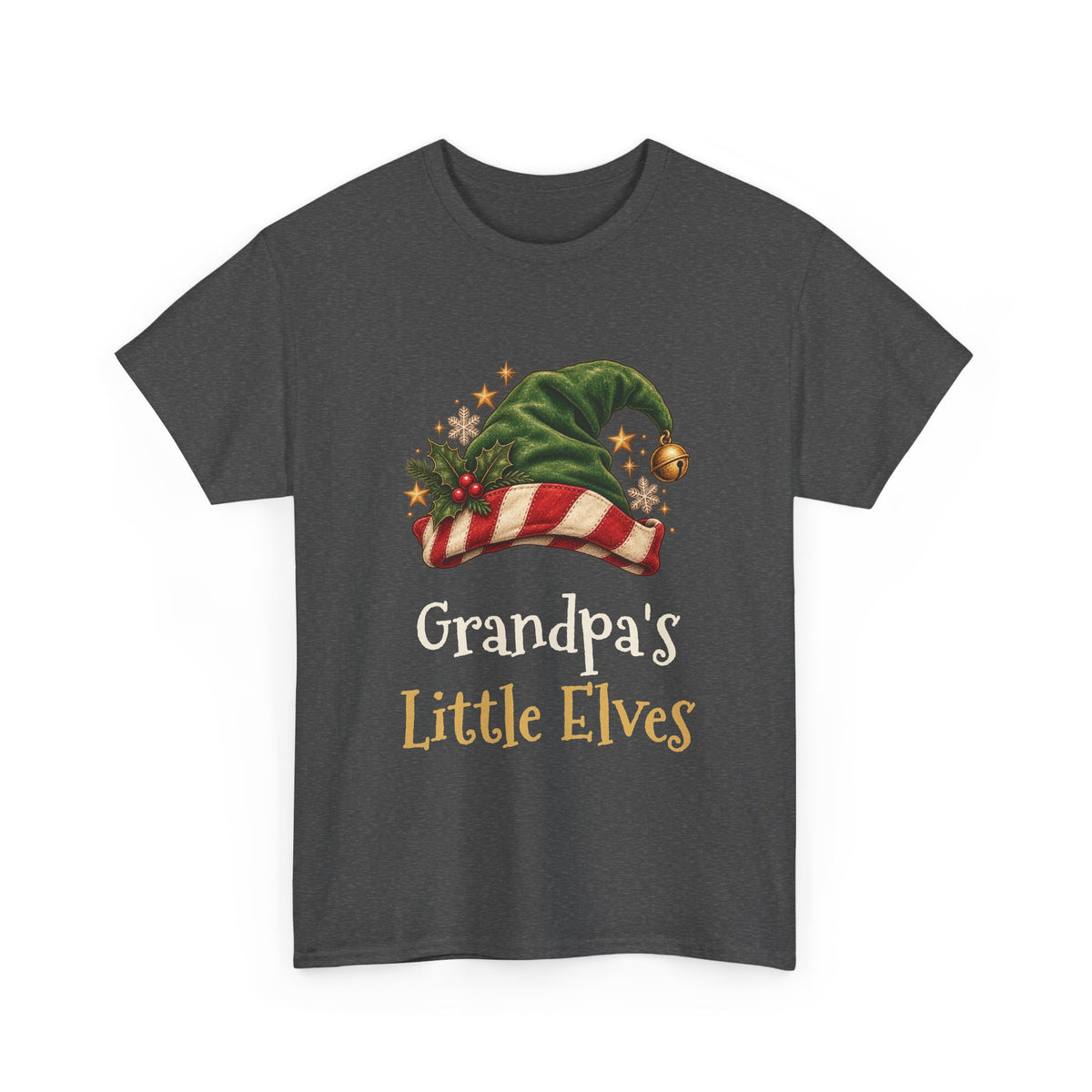 Dark Heather Grandpa's Little Elves t-shirt with a green elf hat and holly, front view