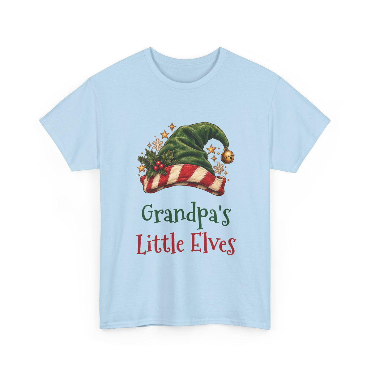 Light Blue Grandpa's Little Elves t-shirt with a green elf hat and holly, front view