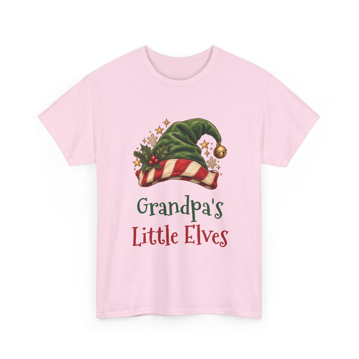 Light Pink Grandpa's Little Elves t-shirt with a green elf hat and holly, front view