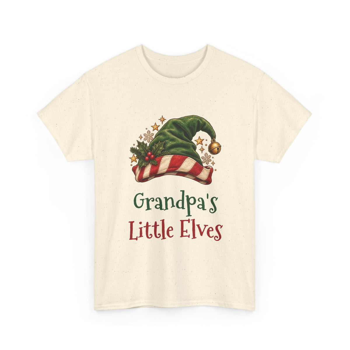 Natural Grandpa's Little Elves t-shirt with a green elf hat and holly, front view