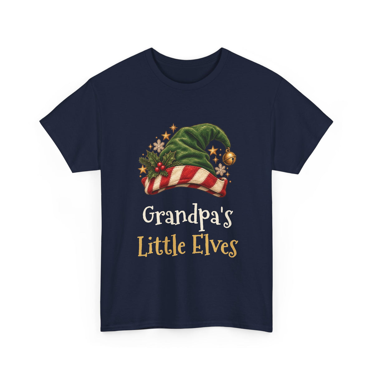 Navy Grandpa's Little Elves t-shirt with a green elf hat and holly, front view