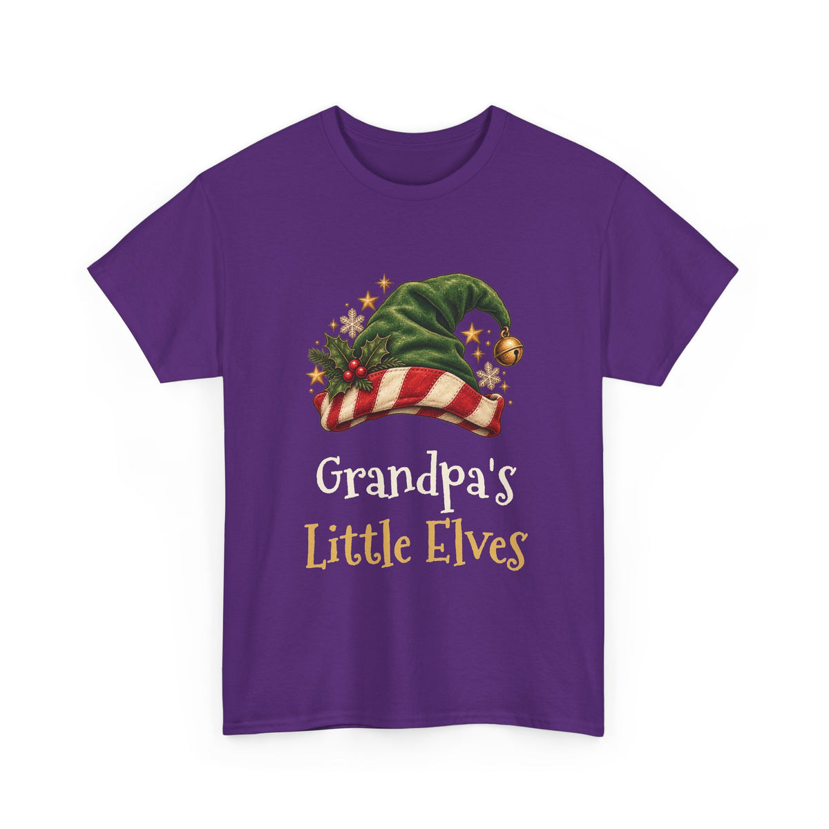 Purple Grandpa's Little Elves t-shirt with a green elf hat and holly, front view