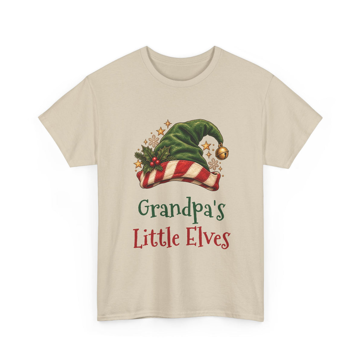 Sand Grandpa's Little Elves t-shirt with a green elf hat and holly, front view