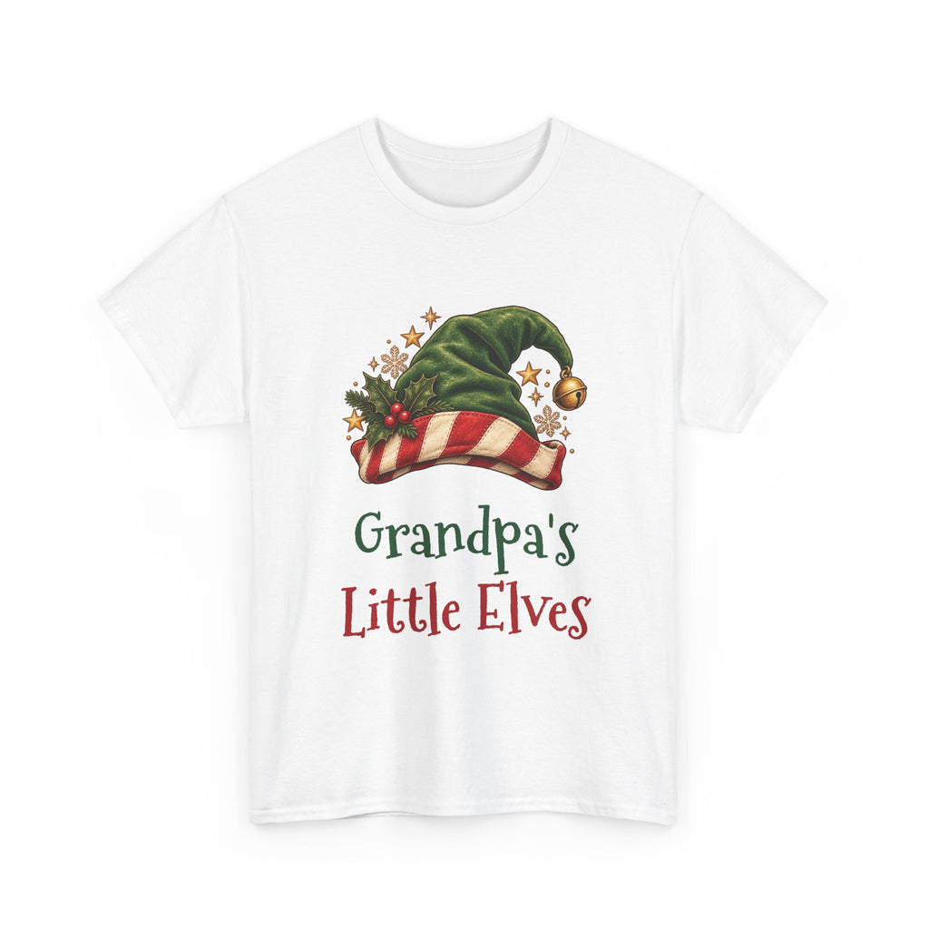 White Grandpa's Little Elves t-shirt with a green elf hat and holly, front view
