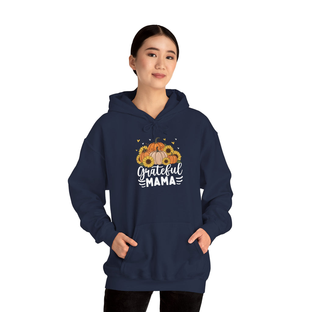Model wearing the navy Grateful Mama Hoodie