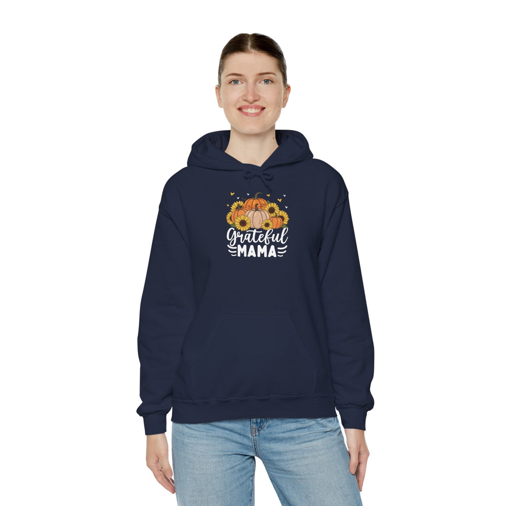 Model wearing the navy Grateful Mama Hoodie