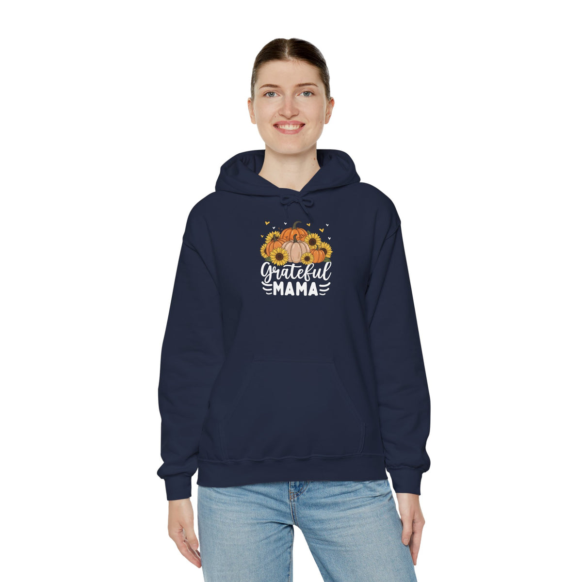 Model wearing the navy Grateful Mama Hoodie