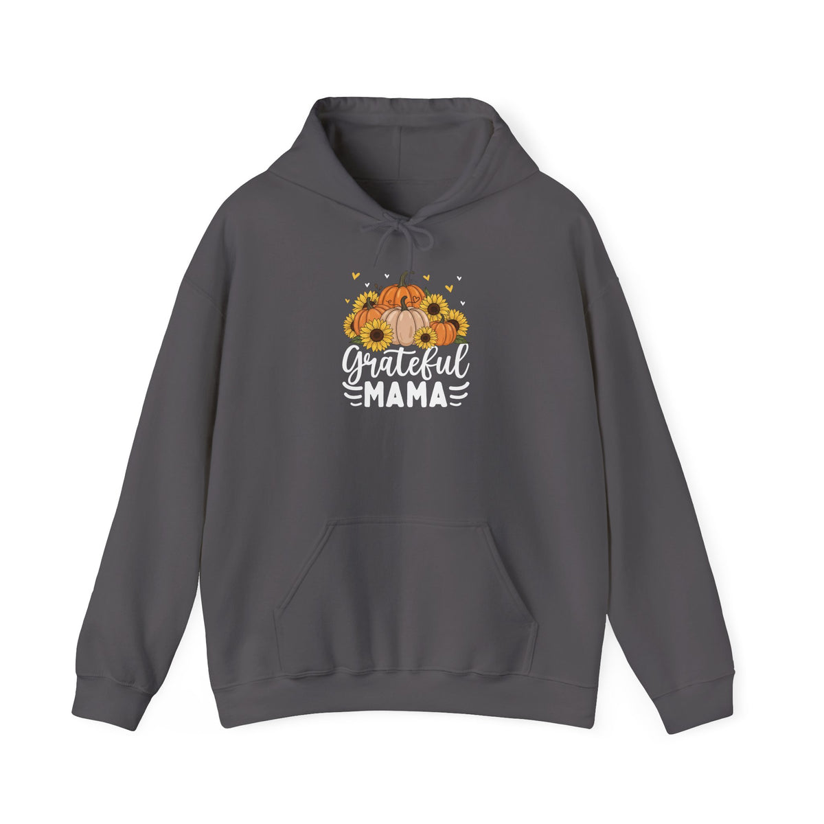 Charcoal Grateful Mama hoodie with pumpkins, sunflowers and white script lettering, front view