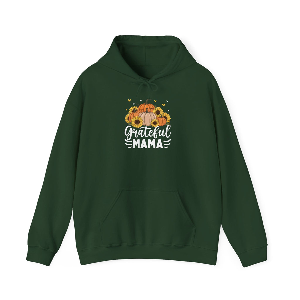 Forest Green Grateful Mama hoodie with pumpkins, sunflowers and white script lettering, front view