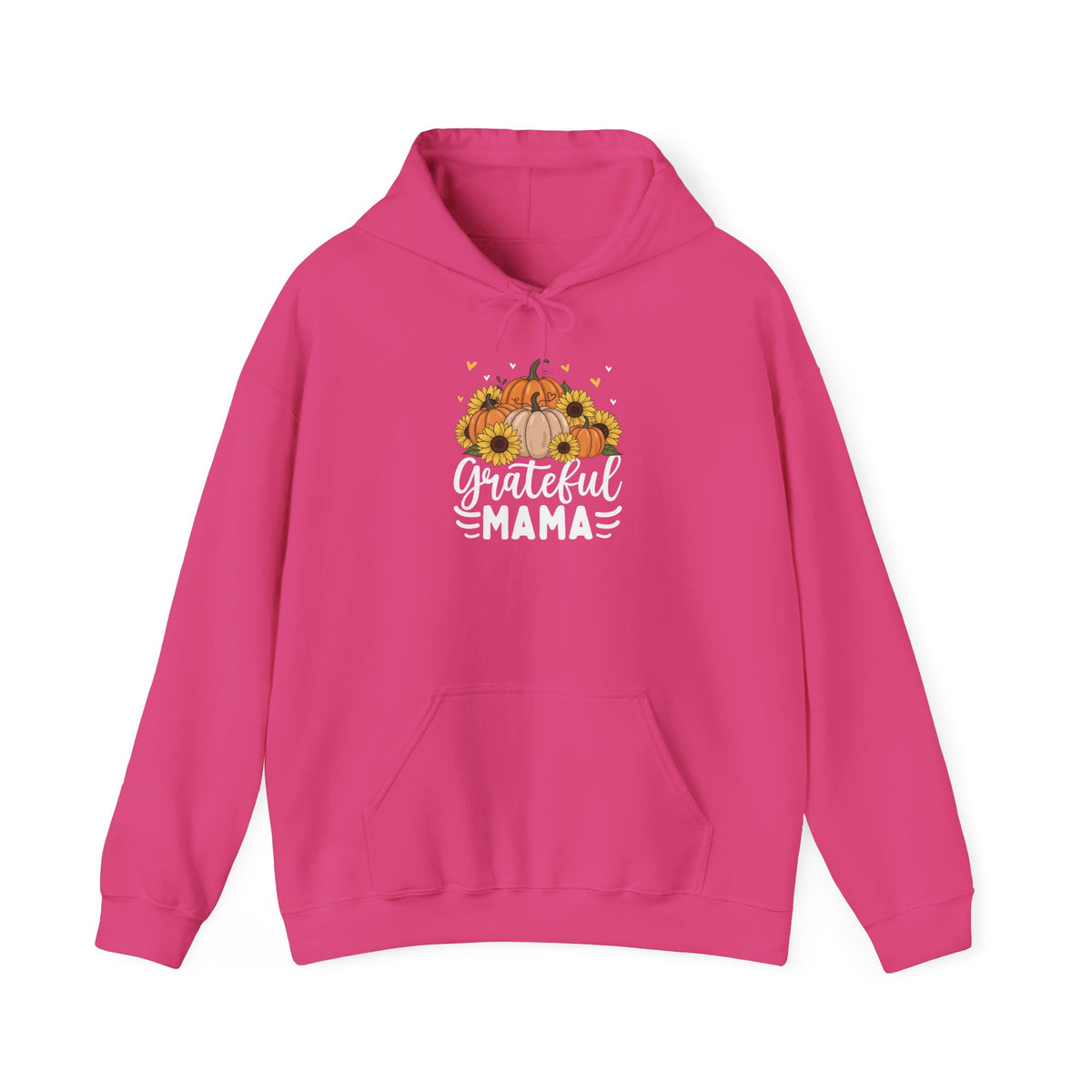 Heliconia Grateful Mama hoodie with pumpkins, sunflowers and white script lettering, front view