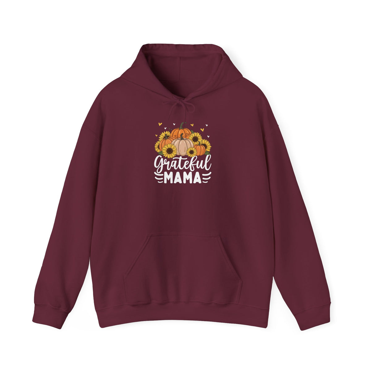 Maroon Grateful Mama hoodie with pumpkins, sunflowers and white script lettering, front view