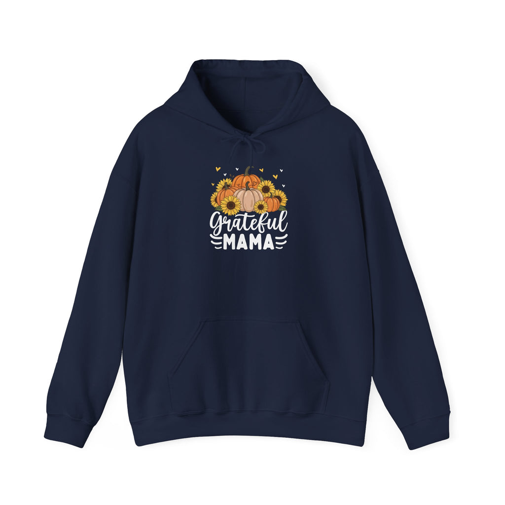 Navy Grateful Mama hoodie with pumpkins, sunflowers and white script lettering, front view