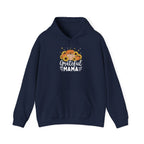 Navy Grateful Mama hoodie with pumpkins, sunflowers and white script lettering, front view