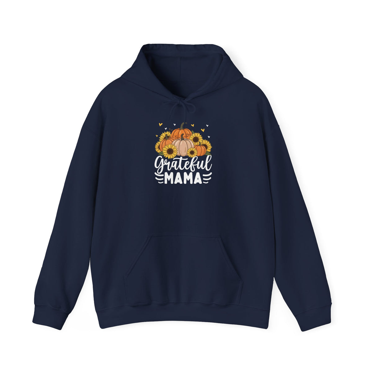 Navy Grateful Mama hoodie with pumpkins, sunflowers and white script lettering, front view