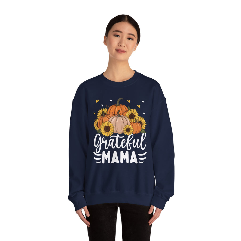 Model wearing the navy Grateful Mama Sweatshirt