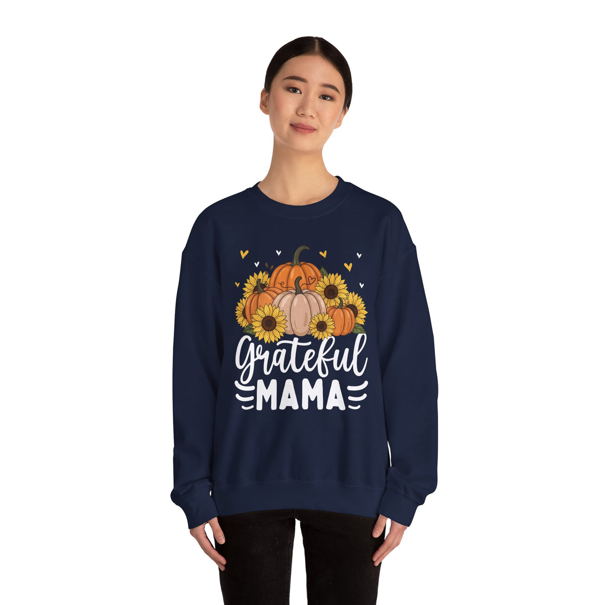 Model wearing the navy Grateful Mama Sweatshirt
