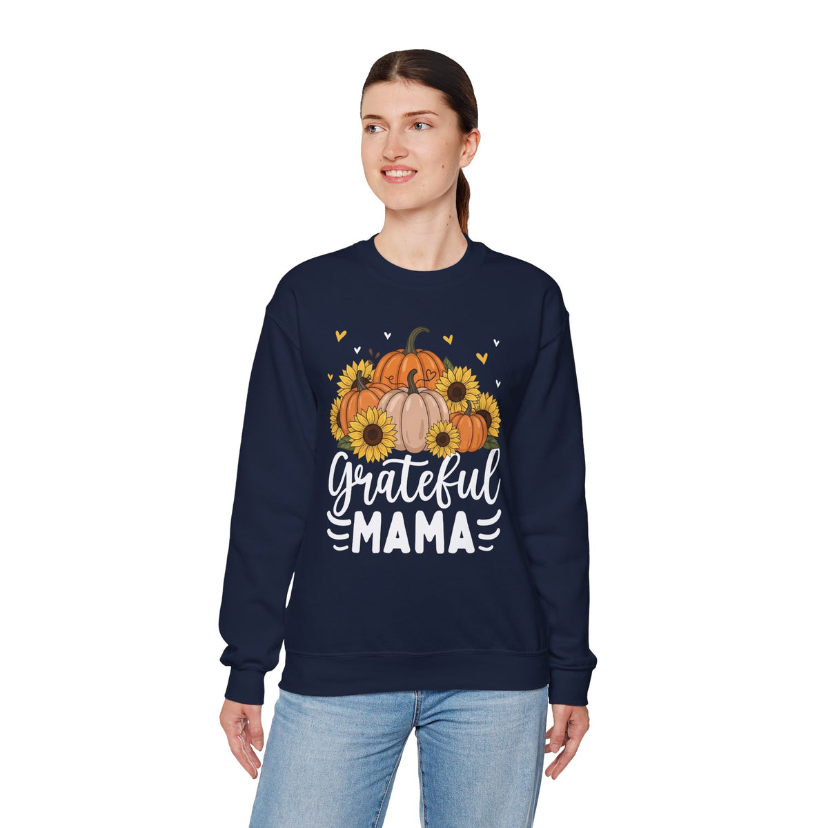 Model wearing the navy Grateful Mama Sweatshirt