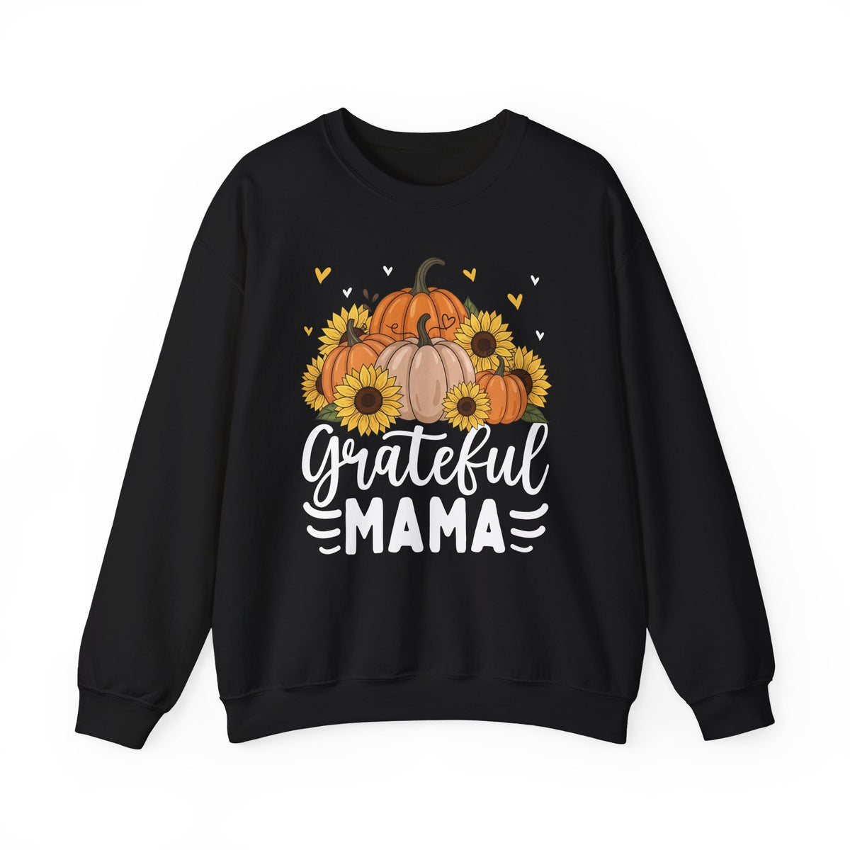 Black Grateful Mama sweatshirt with pumpkins, sunflowers and white script lettering, front view