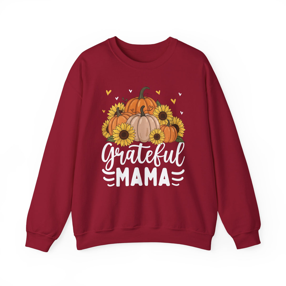 Cardinal Red Grateful Mama sweatshirt with pumpkins, sunflowers and white script lettering, front view