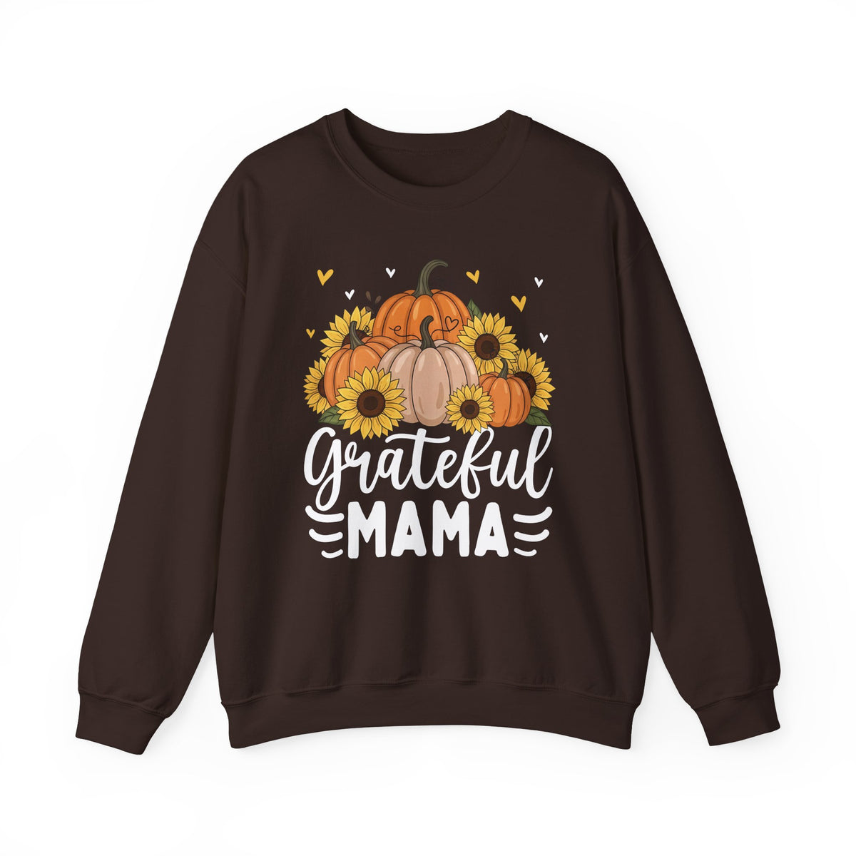 Dark Chocolate Grateful Mama sweatshirt with pumpkins, sunflowers and white script lettering, front view
