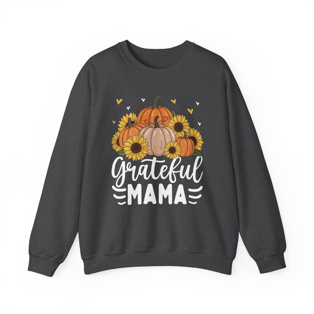 Dark Heather Grateful Mama sweatshirt with pumpkins, sunflowers and white script lettering, front view
