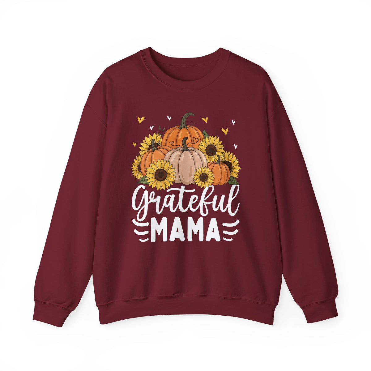 Garnet Grateful Mama sweatshirt with pumpkins, sunflowers and white script lettering, front view