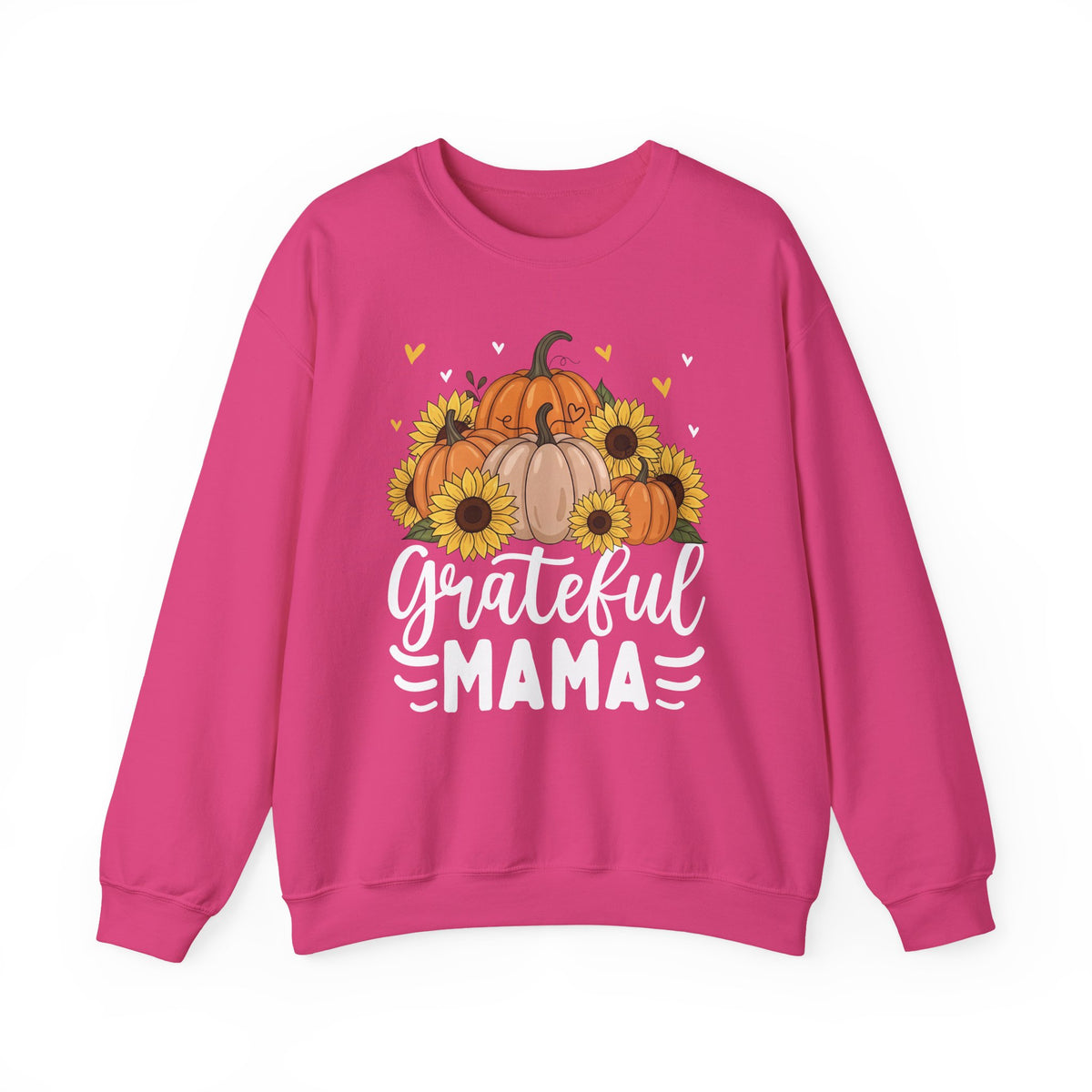 Heliconia Grateful Mama sweatshirt with pumpkins, sunflowers and white script lettering, front view