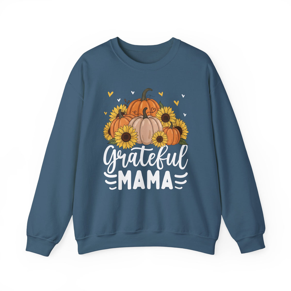 Indigo Blue Grateful Mama sweatshirt with pumpkins, sunflowers and white script lettering, front view