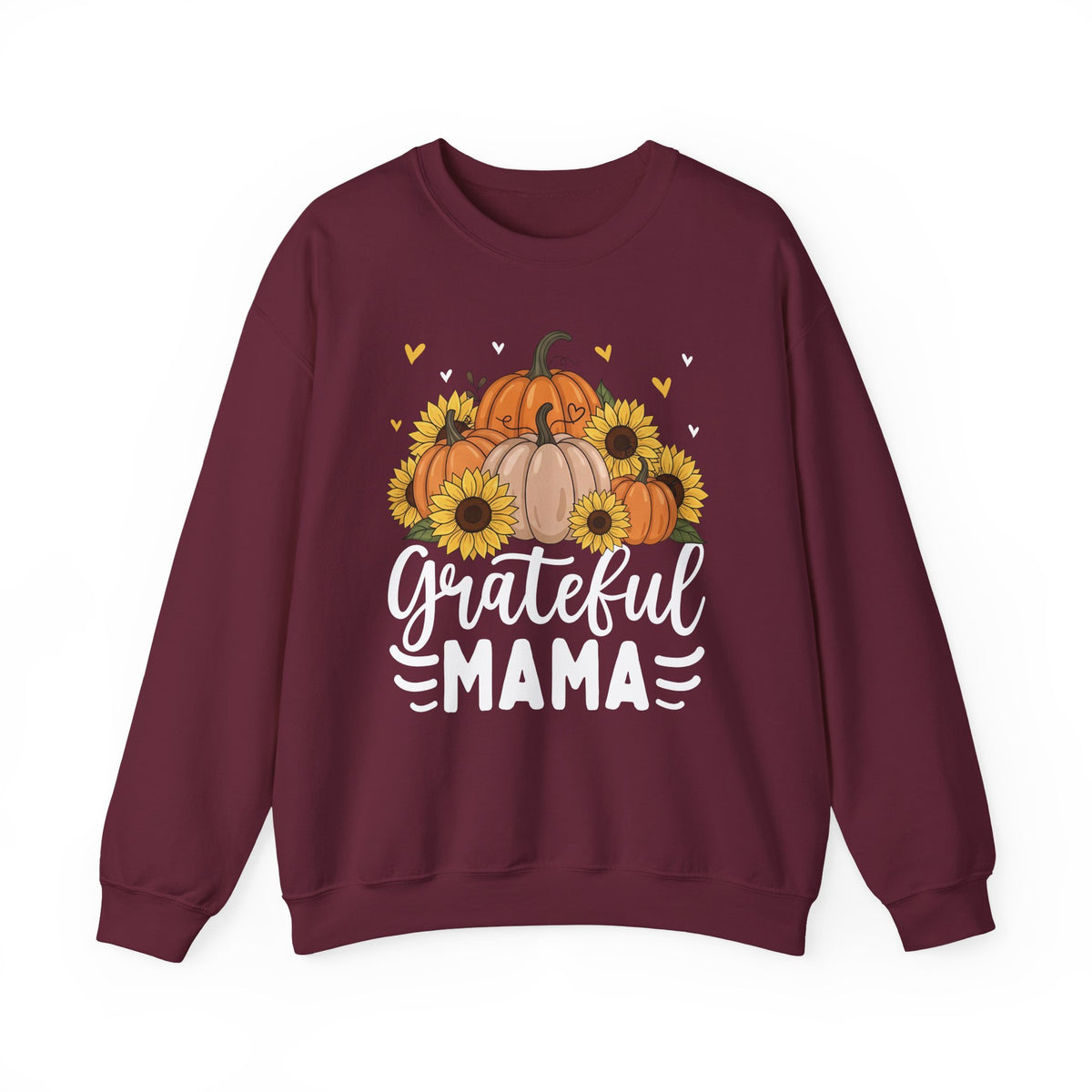 Maroon Grateful Mama sweatshirt with pumpkins, sunflowers and white script lettering, front view