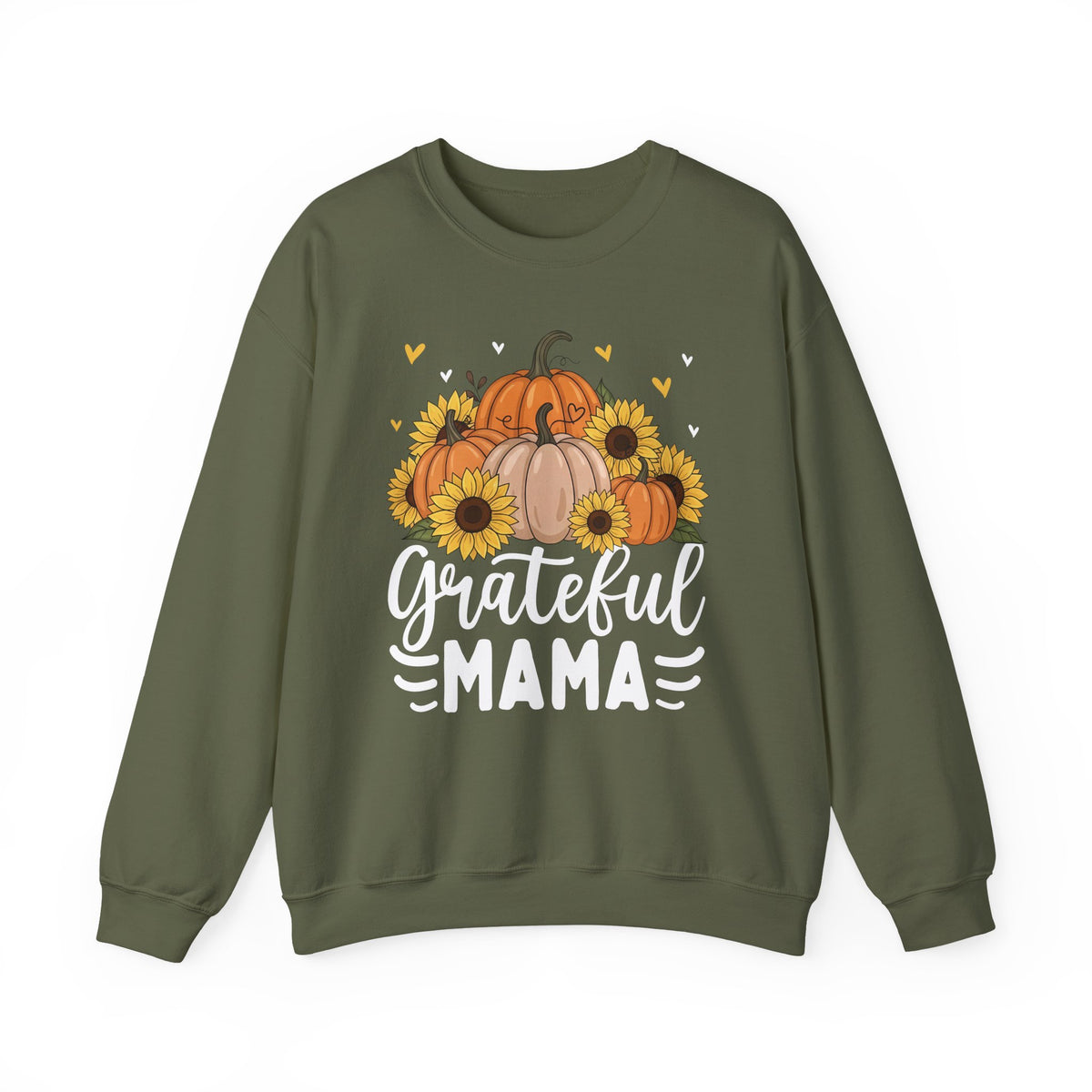 Military Green Grateful Mama sweatshirt with pumpkins, sunflowers and white script lettering, front view