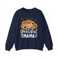 Navy Grateful Mama sweatshirt with pumpkins, sunflowers and white script lettering, front view
