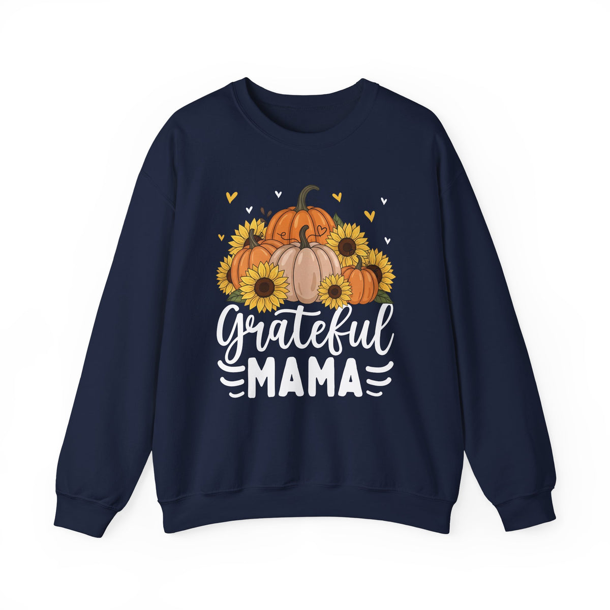 Navy Grateful Mama sweatshirt with pumpkins, sunflowers and white script lettering, front view