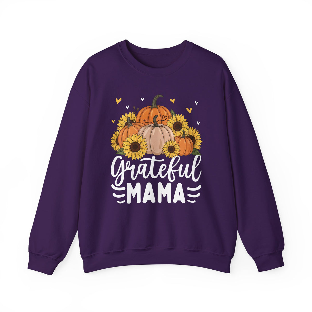 Purple Grateful Mama sweatshirt with pumpkins, sunflowers and white script lettering, front view