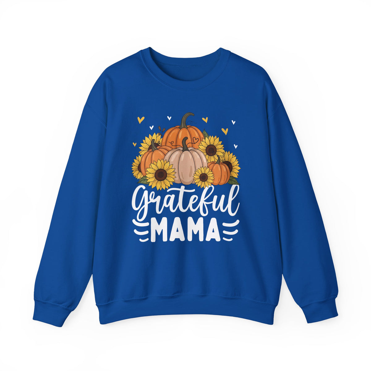 Royal Grateful Mama sweatshirt with pumpkins, sunflowers and white script lettering, front view