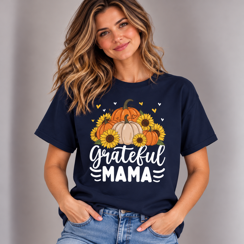 Woman wearing the Navy Grateful Mama T-Shirt with jeans