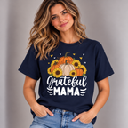 Woman wearing the Navy Grateful Mama T-Shirt with jeans