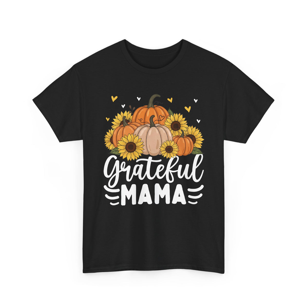 Black Grateful Mama t-shirt with pumpkins, sunflowers and white script lettering, front view
