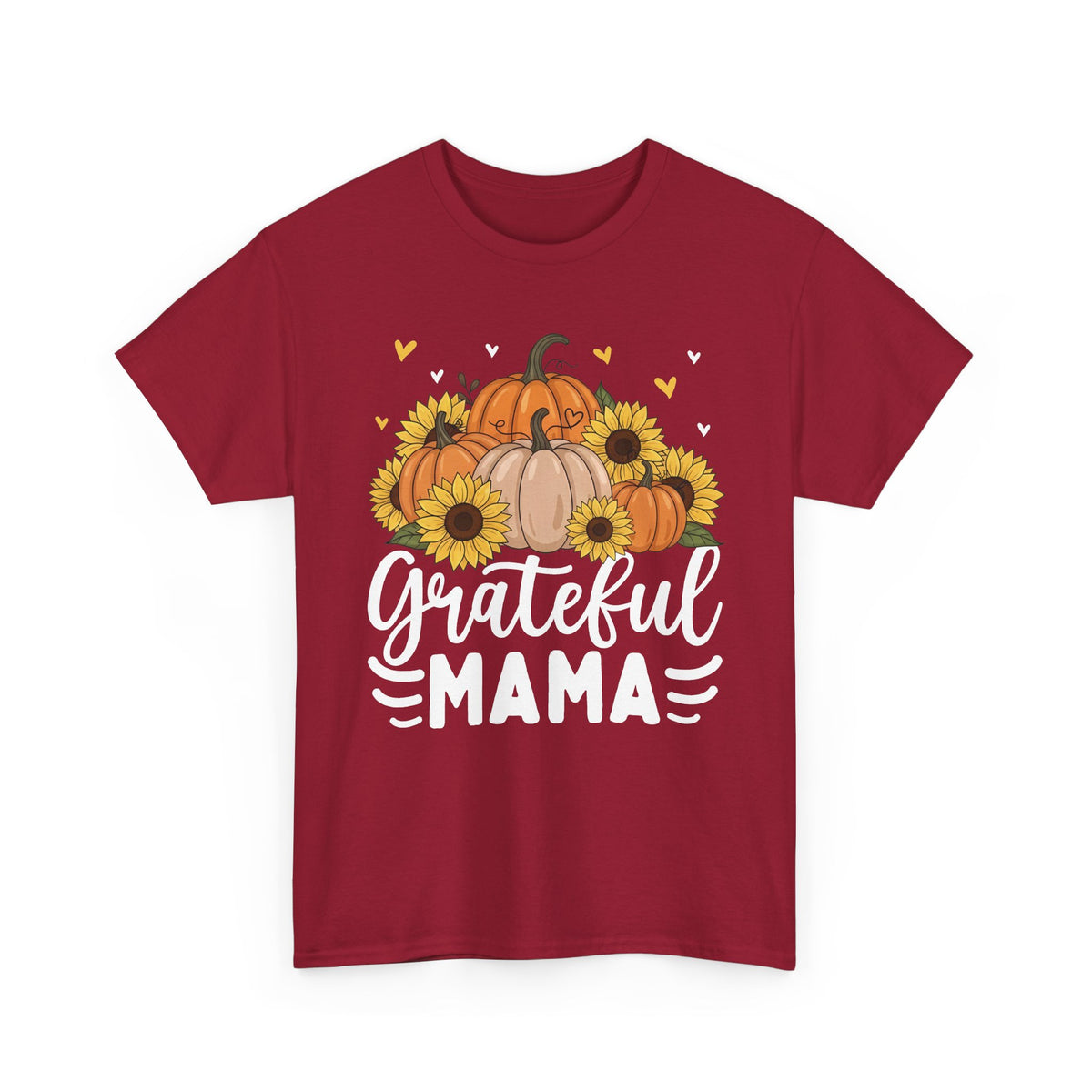 Cardinal Red Grateful Mama t-shirt with pumpkins, sunflowers and white script lettering, front view