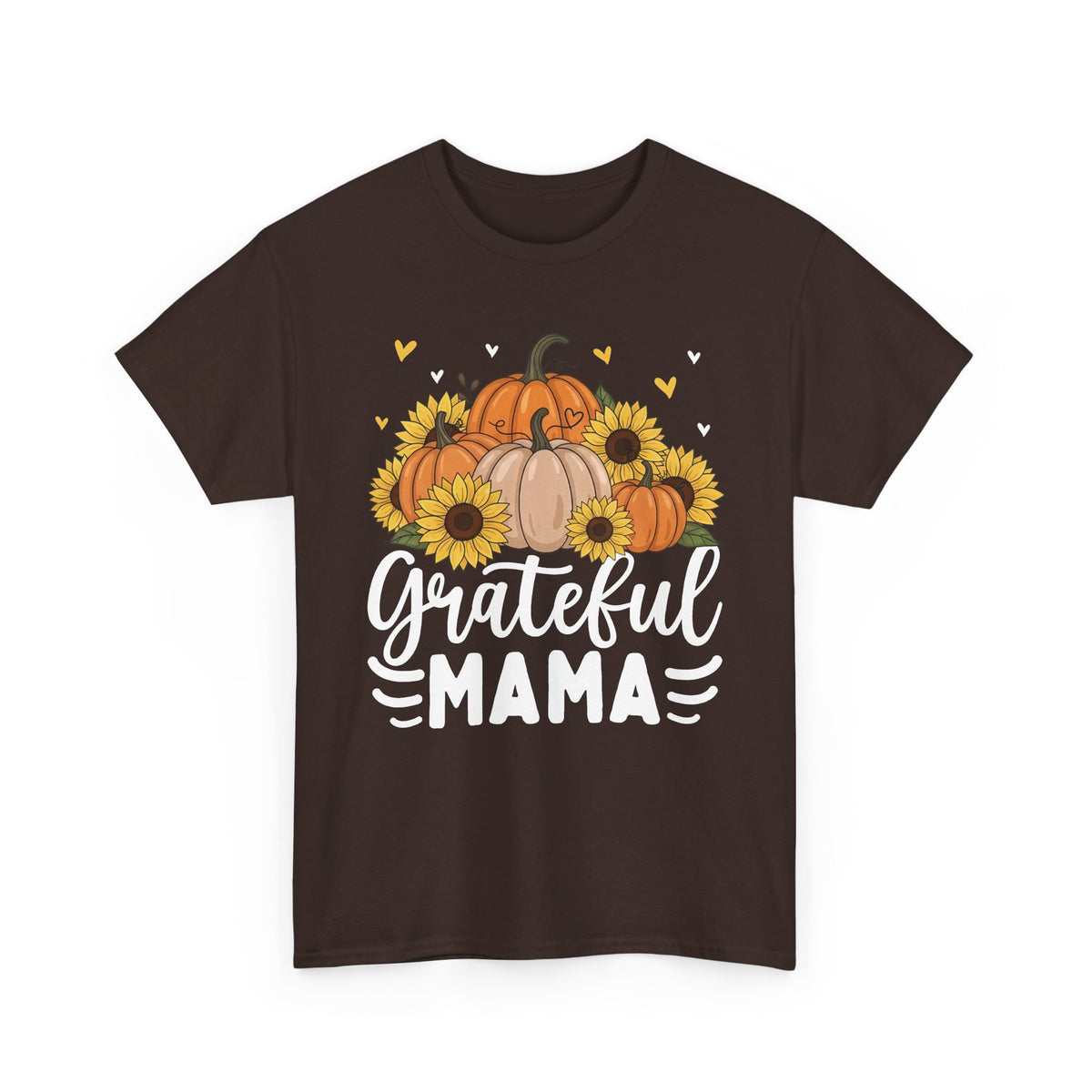 Dark Chocolate Grateful Mama t-shirt with pumpkins, sunflowers and white script lettering, front view