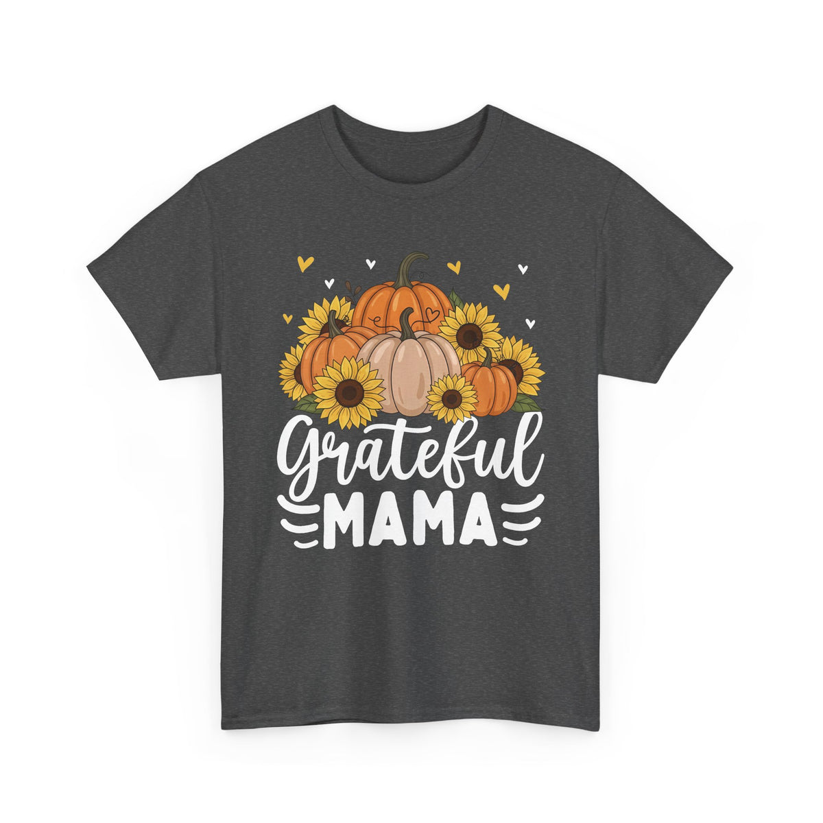 Dark Heather Grateful Mama t-shirt with pumpkins, sunflowers and white script lettering, front view