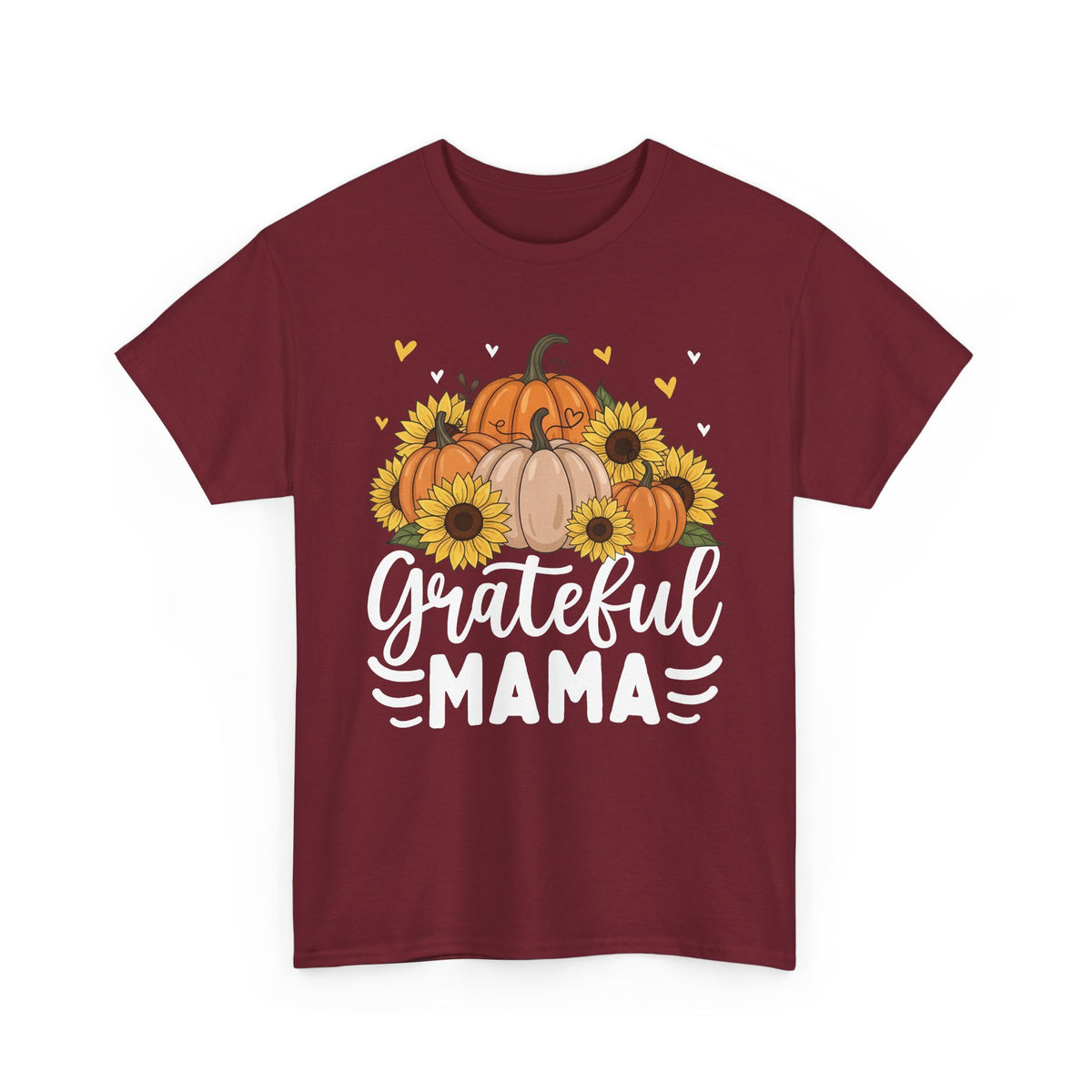 Garnet Grateful Mama t-shirt with pumpkins, sunflowers and white script lettering, front view