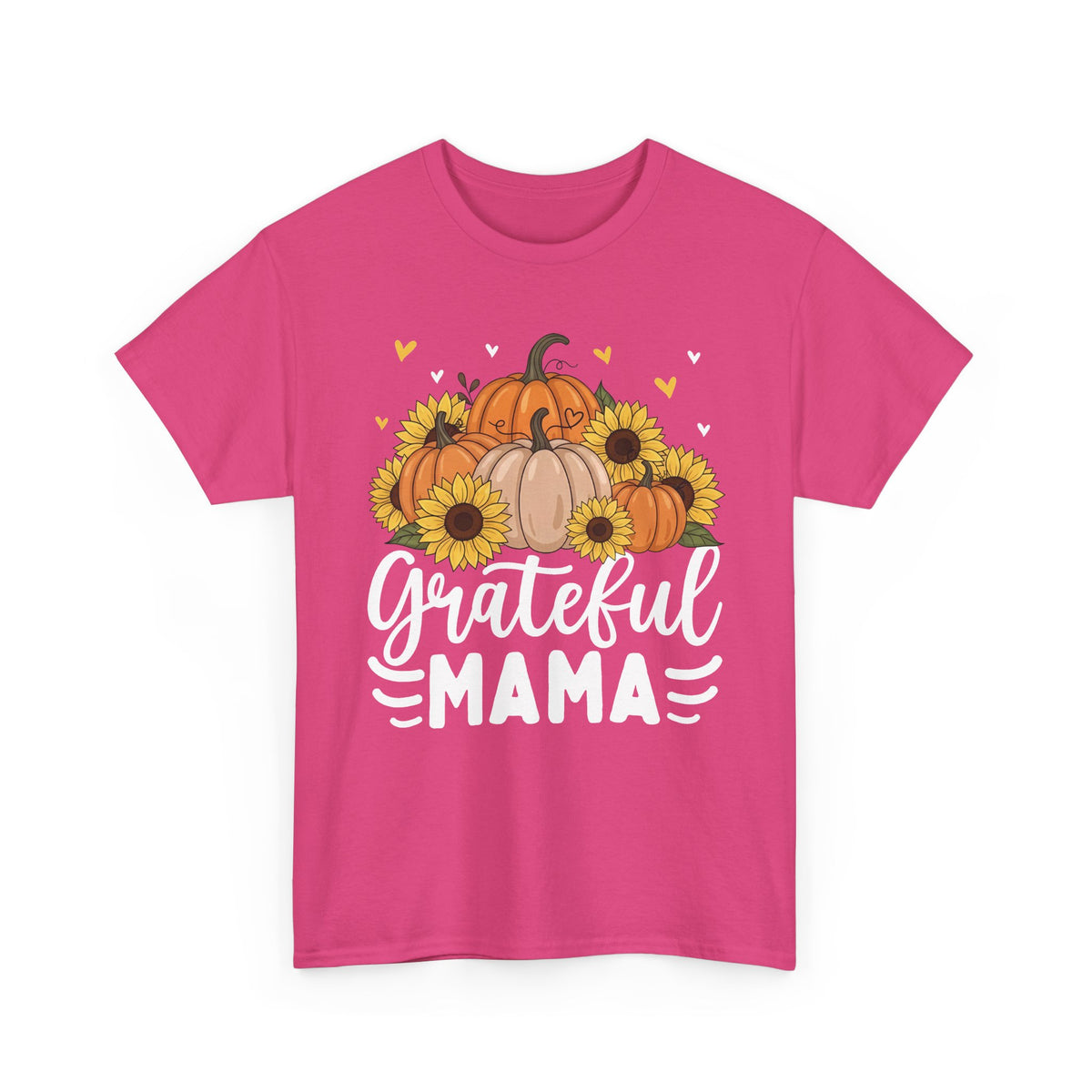 Heliconia Grateful Mama t-shirt with pumpkins, sunflowers and white script lettering, front view