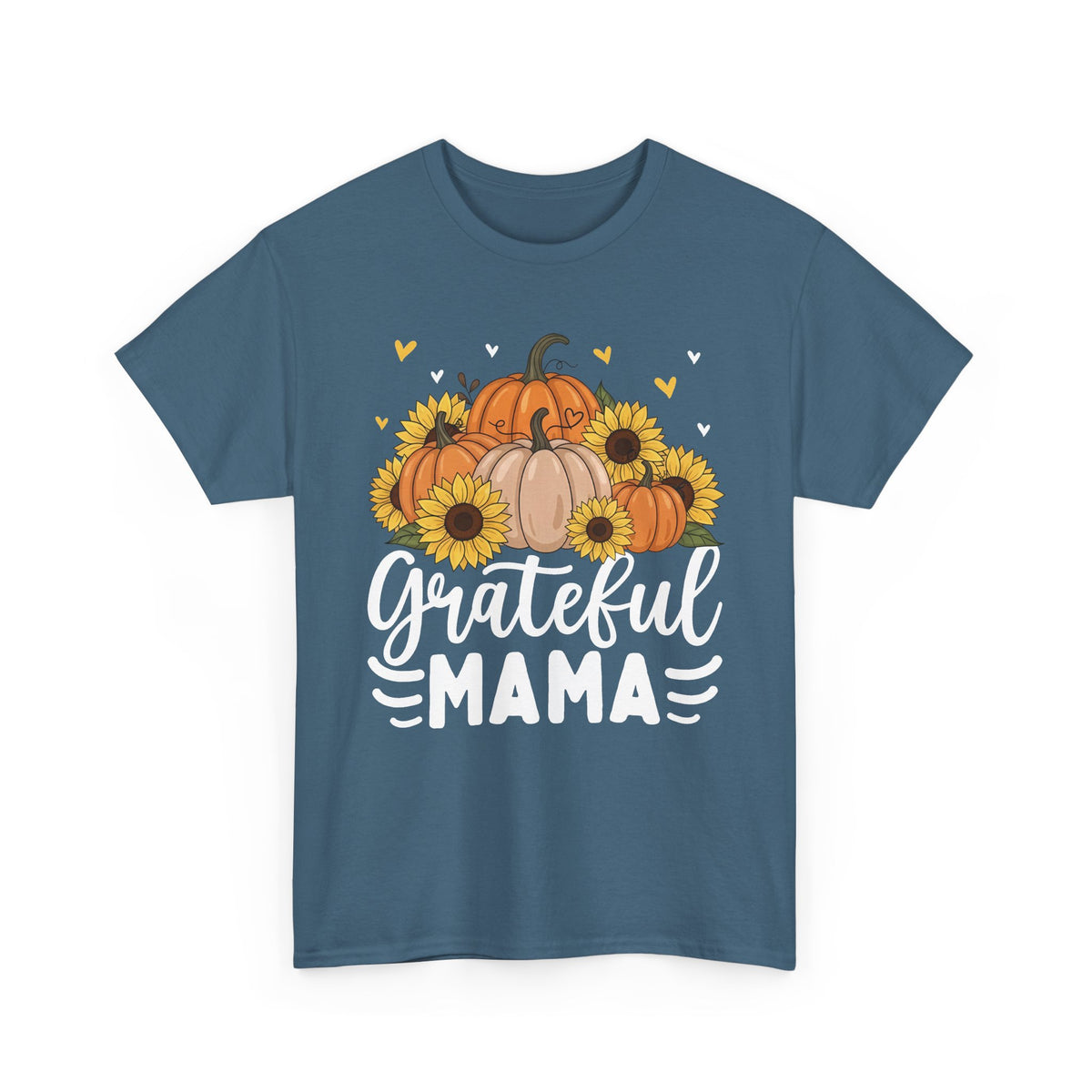 Indigo Blue Grateful Mama t-shirt with pumpkins, sunflowers and white script lettering, front view