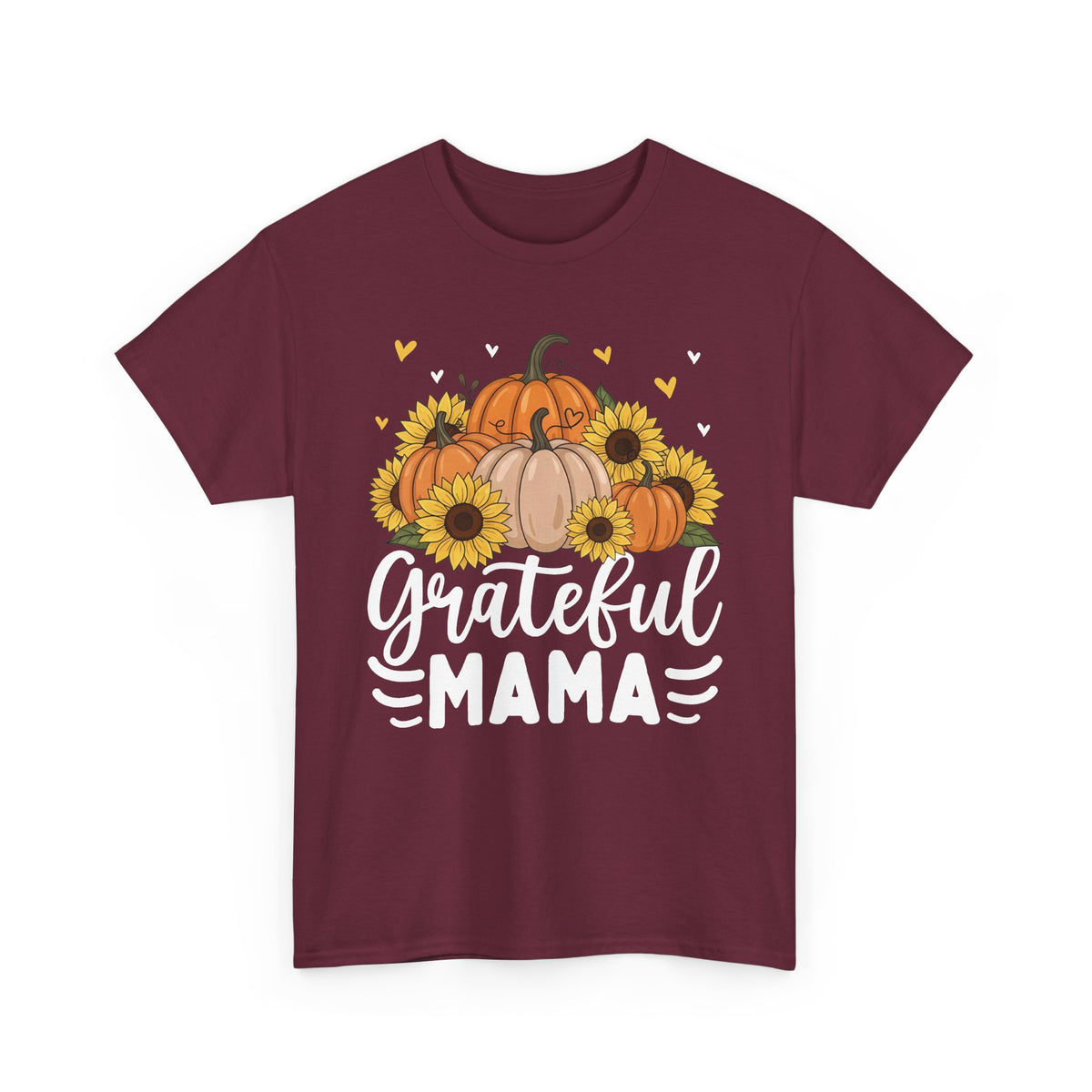 Maroon Grateful Mama t-shirt with pumpkins, sunflowers and white script lettering, front view