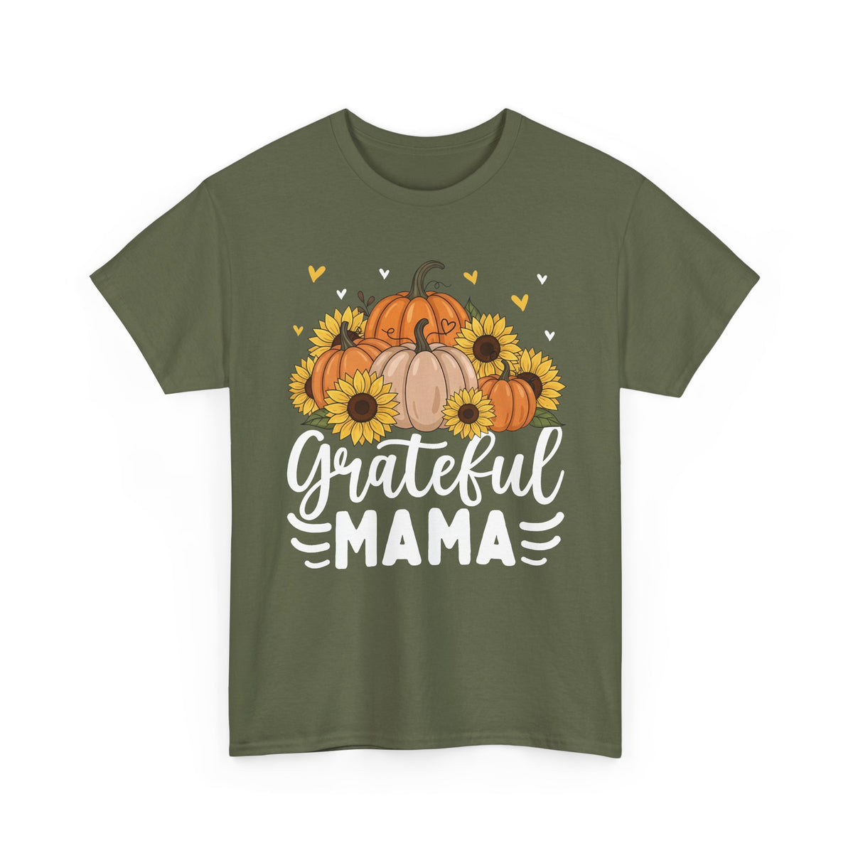Military Green Grateful Mama t-shirt with pumpkins, sunflowers and white script lettering, front view