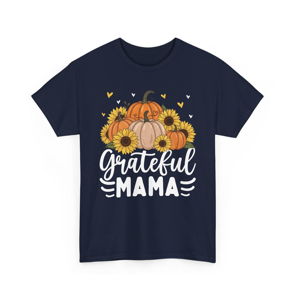 Navy Grateful Mama t-shirt with pumpkins, sunflowers and white script lettering, front view