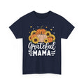 Navy Grateful Mama t-shirt with pumpkins, sunflowers and white script lettering, front view