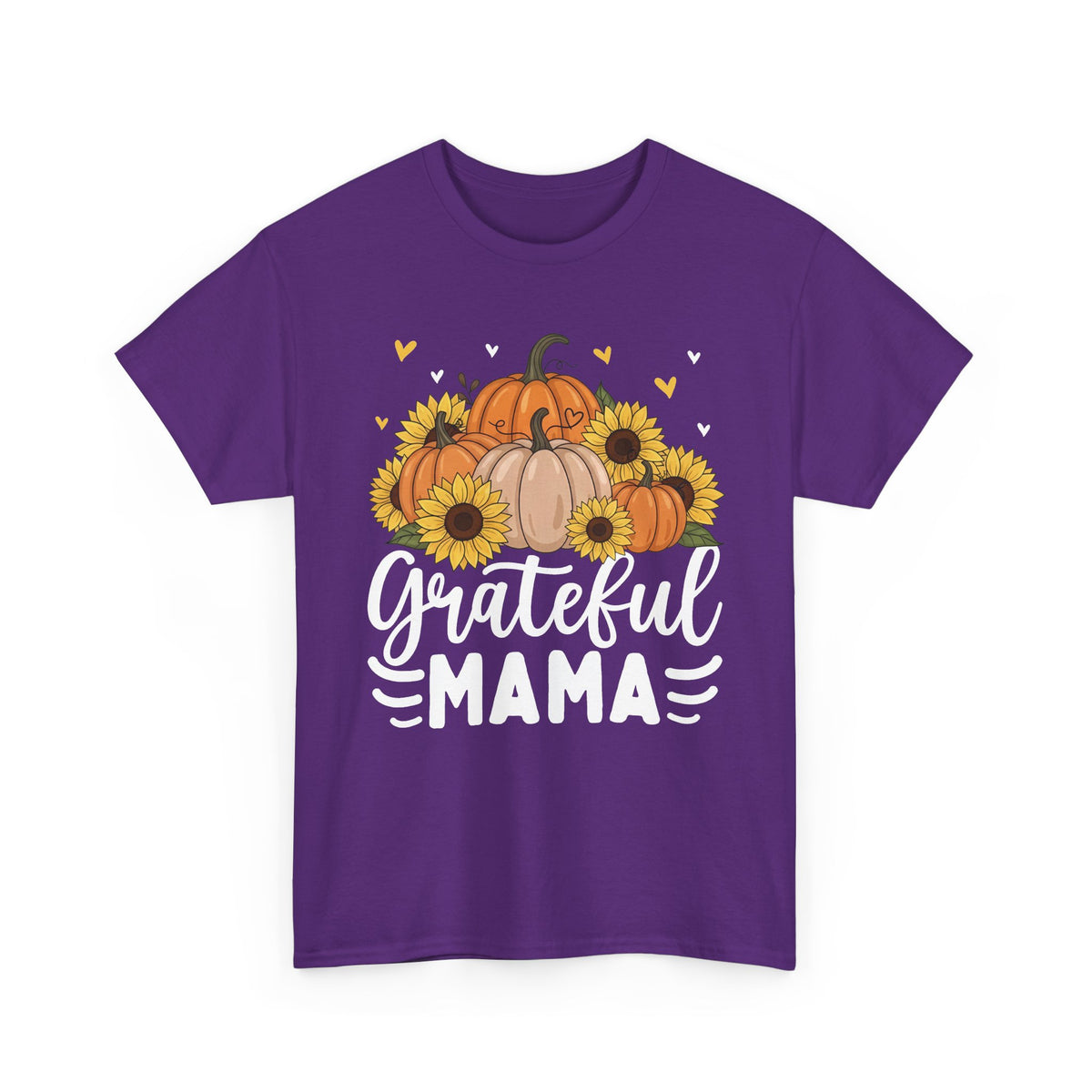 Purple Grateful Mama t-shirt with pumpkins, sunflowers and white script lettering, front view