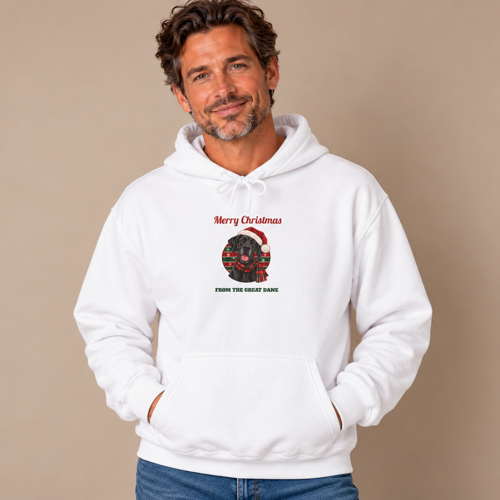 Man wearing the White Merry Christmas From The Great Dane Hoodie with jeans