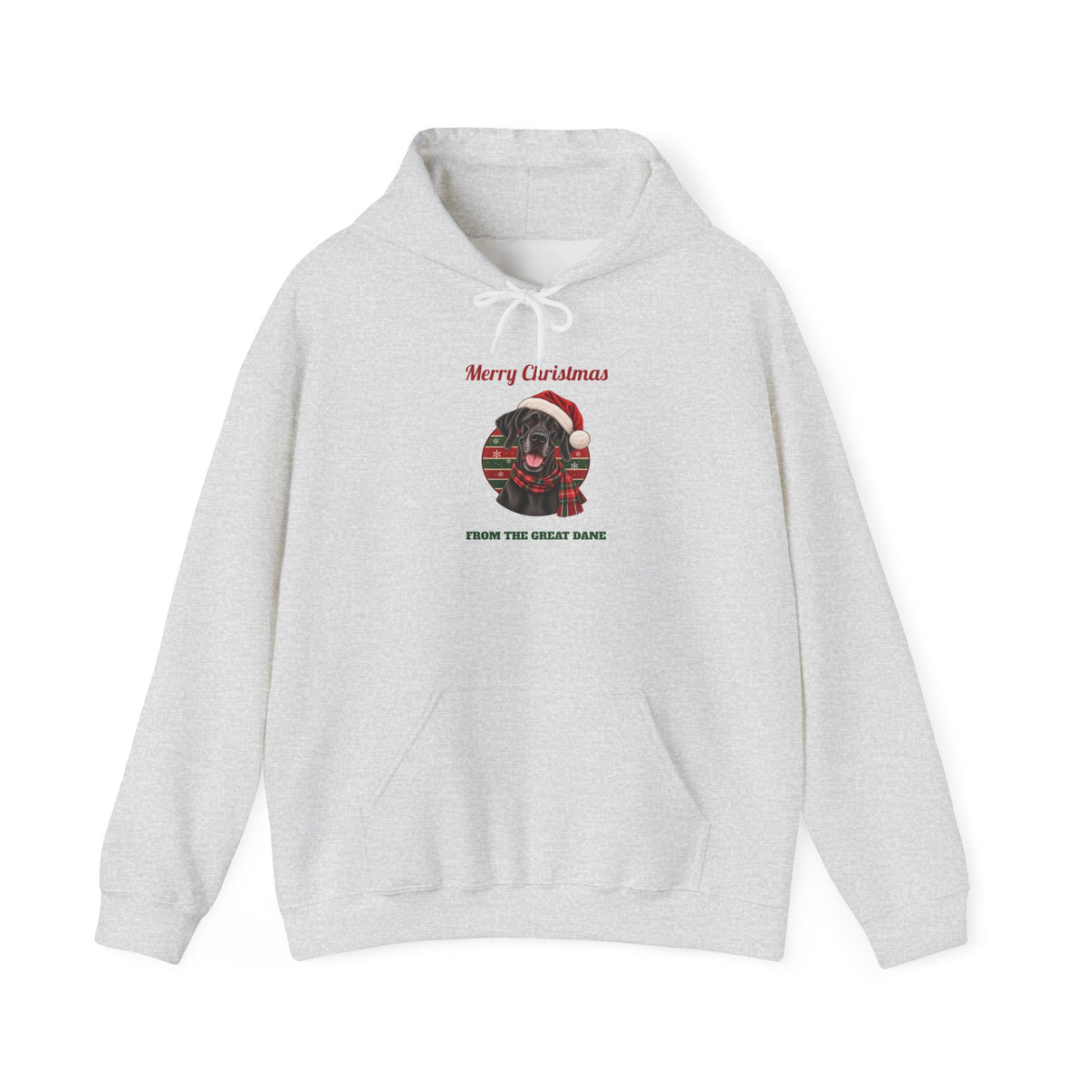 Ash Merry Christmas From The Great Dane hoodie with a black Great Dane in a Santa hat, front view